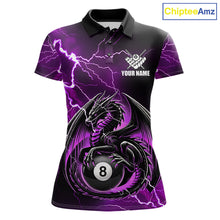 Load image into Gallery viewer, Purple thunder lightning dragon 8 ball billiard polo shirt for women with custom pool team graphics.