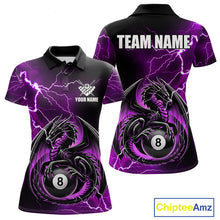 Load image into Gallery viewer, Purple thunder lightning dragon 8 ball billiard quarter zip shirt for women designed for league tournaments and team events.