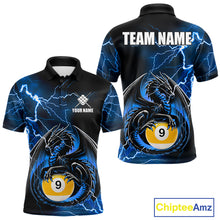 Load image into Gallery viewer, Blue thunder lightning dragon 9 ball billiard polo shirt for men with custom pool team graphics.
