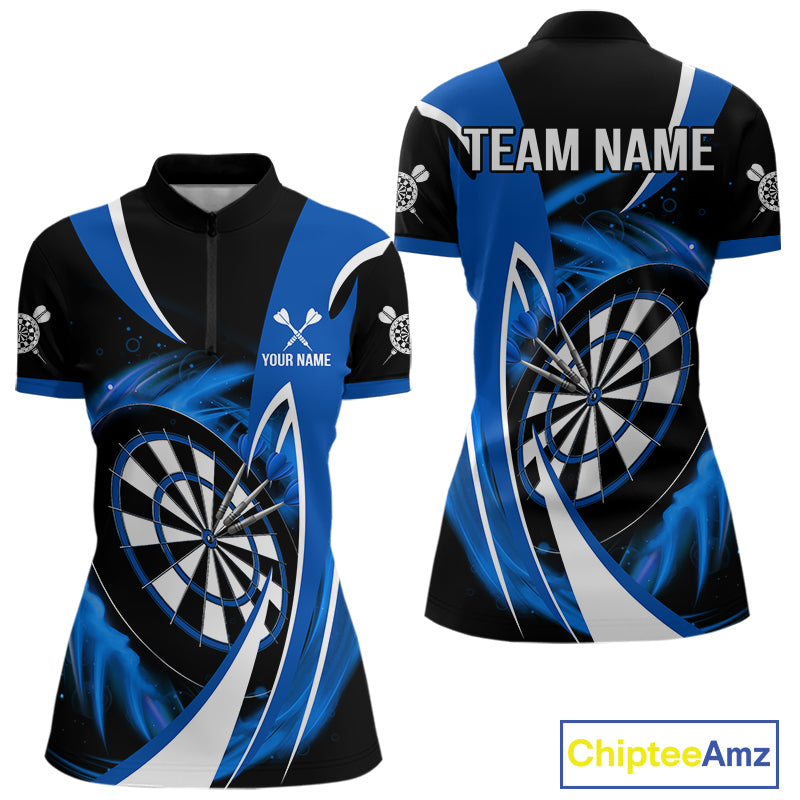 Personalized Blue And Black Darts Shirt For Women Custom Darts League Team Polo & 1/4 Zip Jerseys TDM4405