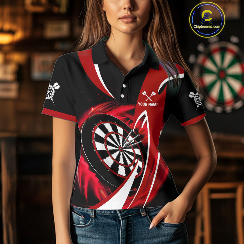 Personalized Red And Black Darts Shirt For Women Custom Darts League Team Polo & 1/4 Zip Jerseys TDM4406