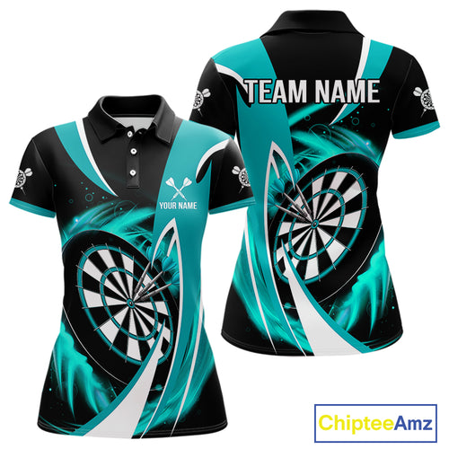 Personalized Turquoise & Black Darts Shirt For Women Custom Darts League Team Polo & 1/4 Zip Jerseys TDM4407