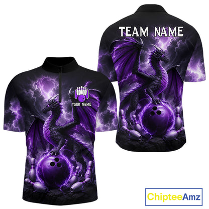 Personalized purple dragon bowling team jersey quarter zip shirt for men featuring detailed purple dragon artwork, premium custom bowling apparel.