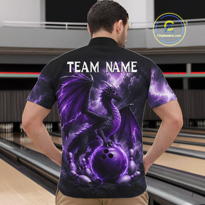 Man wearing personalized purple dragon bowling team jersey quarter zip shirt featuring purple dragon artwork, back view.