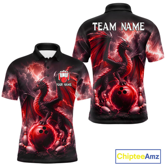 Personalized red dragon bowling team jersey polo shirt for men featuring a fierce red dragon design, premium custom bowling league apparel for tournaments and team play.