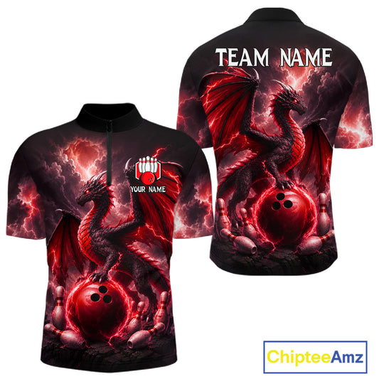 Personalized red dragon bowling team jersey quarter zip shirt for men featuring detailed red dragon artwork, premium custom bowling apparel.