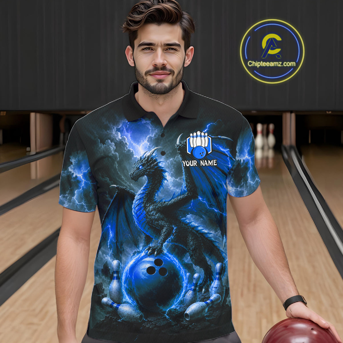 Man wearing personalized blue dragon bowling team jersey polo shirt featuring blue dragon artwork, front view.