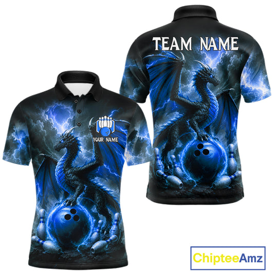 Personalized blue dragon bowling team jersey polo shirt for men featuring a powerful blue dragon design, premium custom bowling league apparel for tournaments and team play.