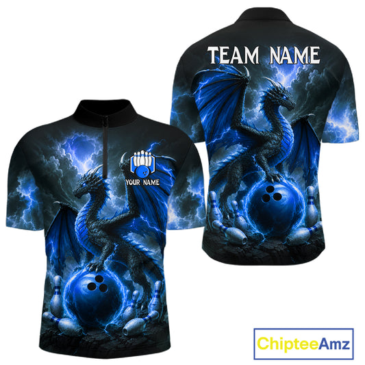 Personalized blue dragon bowling team jersey quarter zip shirt for men featuring detailed blue dragon artwork, premium custom bowling apparel.