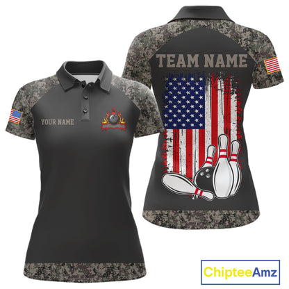 Personalized retro camo American flag bowling team jersey polo shirt for women featuring patriotic camouflage American flag artwork, premium custom bowling league apparel.
