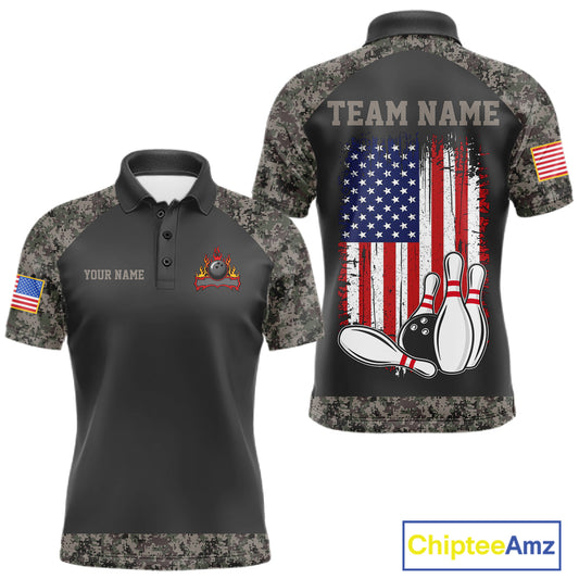 Personalized retro camo American flag bowling team jersey polo shirt for men featuring patriotic camouflage American flag artwork, premium custom bowling league apparel.