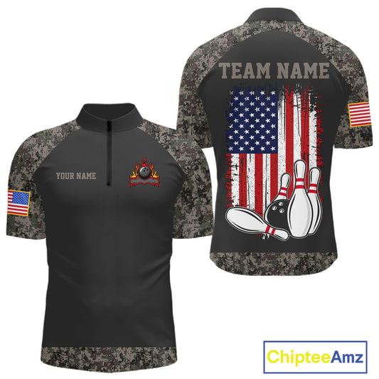 Personalized retro camo American flag bowling team jersey quarter zip shirt for men featuring retro camo American flag graphics, premium custom bowling apparel.