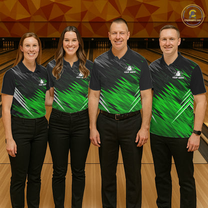 Bowling team wearing matching personalized black and green bowling team jerseys, front view.