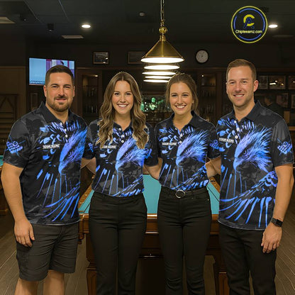 Custom Black And Blue 8 Ball Pool Eagle Paint Billiard Shirts For Men Team League Billiard Jerseys TDM5522
