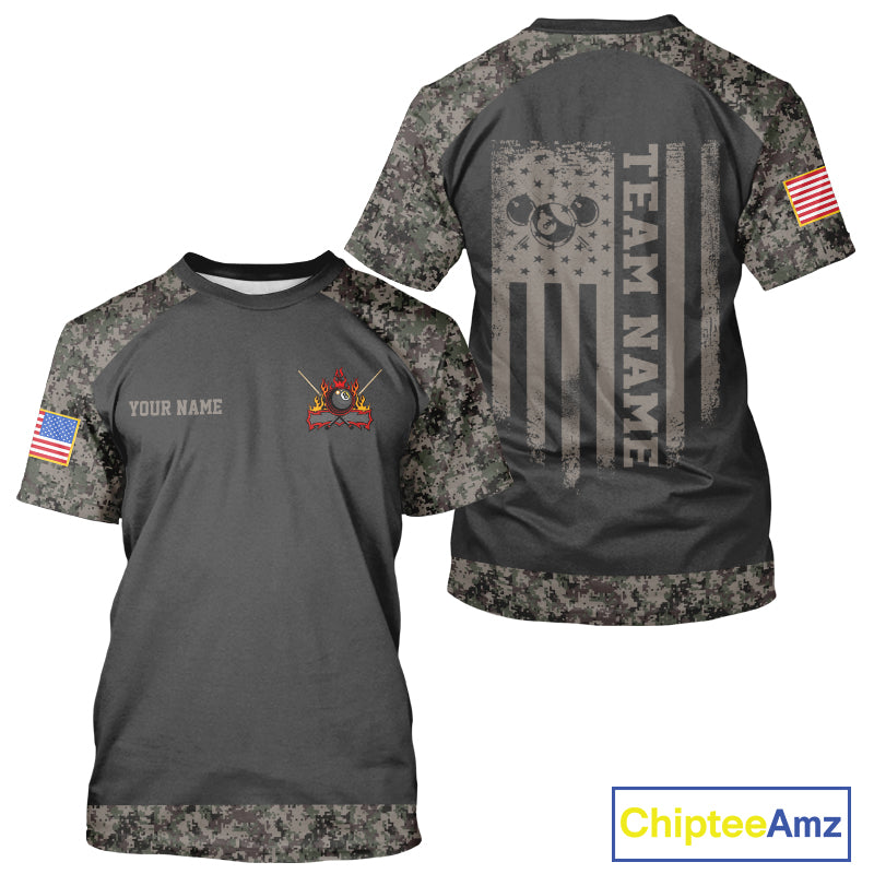 Personalized Retro Camo US Flag Billiard T-Shirt For Men Custom Patriotic 8 Ball Pool Team Jersey TDM5793