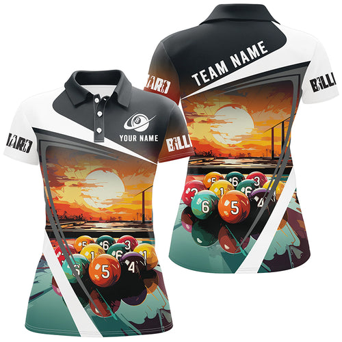 Funny Colorful Billiard Balls Sunset Painting Personalized Women Polo Shirts, Unique Billiard Attire TDM1121