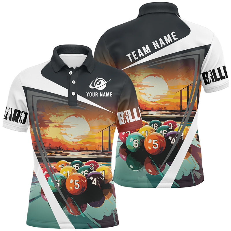 Funny Colorful Billiard Balls Sunset Painting Personalized Men Polo Shirts, Unique Billiard Attire TDM1121
