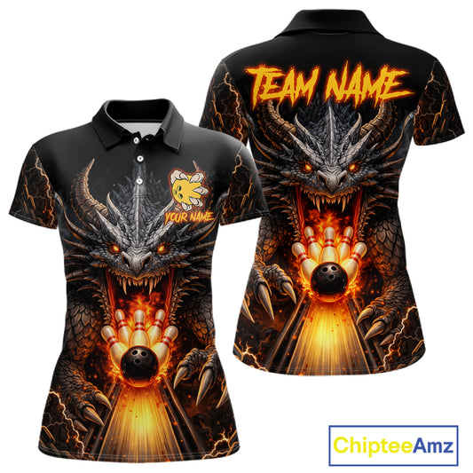 Personalized Dragon Bowling Jersey For Women Custom Fire Bowling League Team Shirt Polo & 1/4 Zip TDM6386