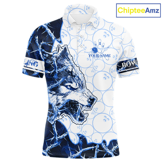 Personalized Blue Thorny Camo Wolf Bowling Shirt For Men Custom Bowling Team Jersey Polo & 1/4 Zip TDM6391