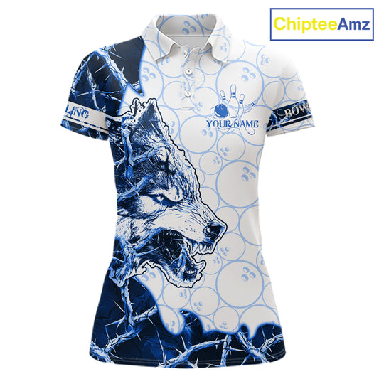 Personalized Blue Thorny Camo Wolf Bowling Shirt For Women Custom Bowling Team Jersey Polo & 1/4 Zip TDM6391