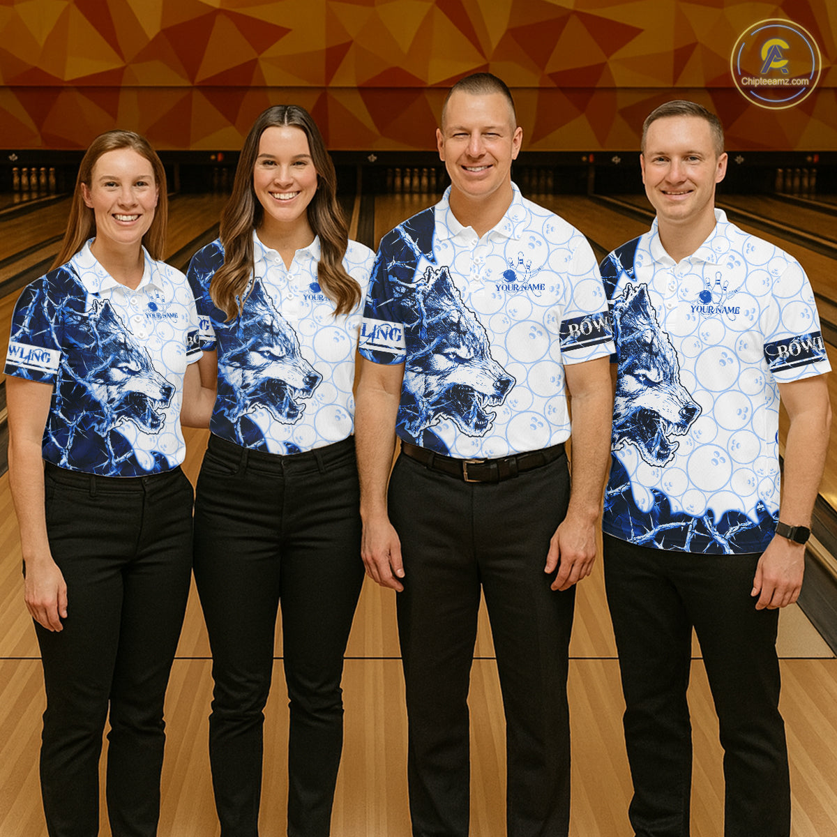 Personalized Blue Thorny Camo Wolf Bowling Shirt For Women Custom Bowling Team Jersey Polo & 1/4 Zip TDM6391