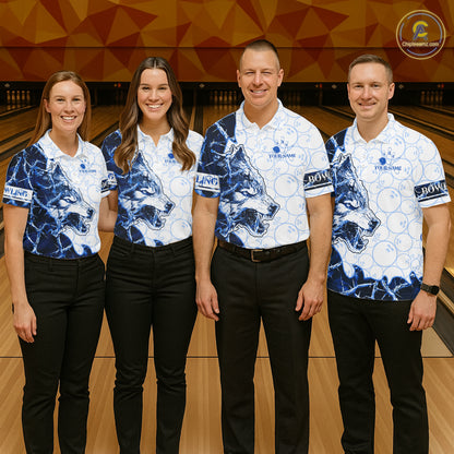 Personalized Blue Thorny Camo Wolf Bowling Shirt For Women Custom Bowling Team Jersey Polo & 1/4 Zip TDM6391