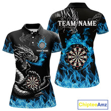 Load image into Gallery viewer, Personalized Blue Flaming Dragon Dart Shirts For Women Custom Darts Team Jerseys Polo &amp; Quarter Zip TDM4060