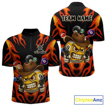 Load image into Gallery viewer, Red funny flame 9 ball billiard quarter zip shirt for men designed for league tournaments and team events.