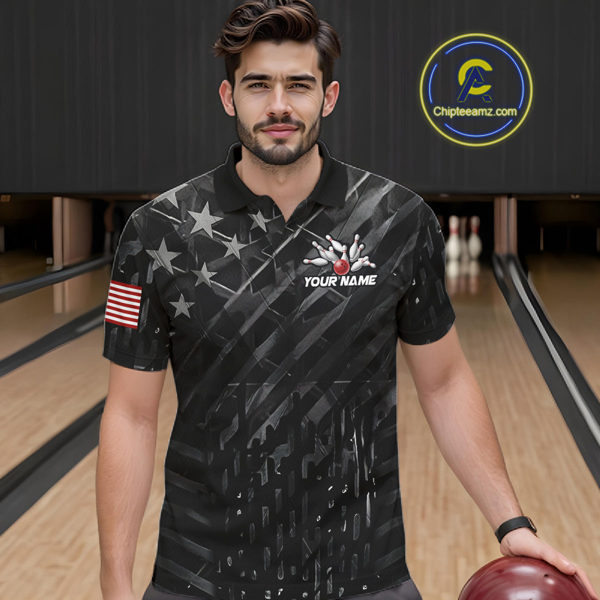 Man wearing black American flag bowling team jersey polo shirt featuring patriotic American flag artwork, front view.