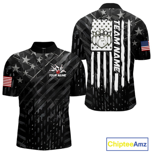 Black American flag bowling team jersey quarter zip shirt for men featuring bold patriotic American flag graphics, premium custom bowling apparel.