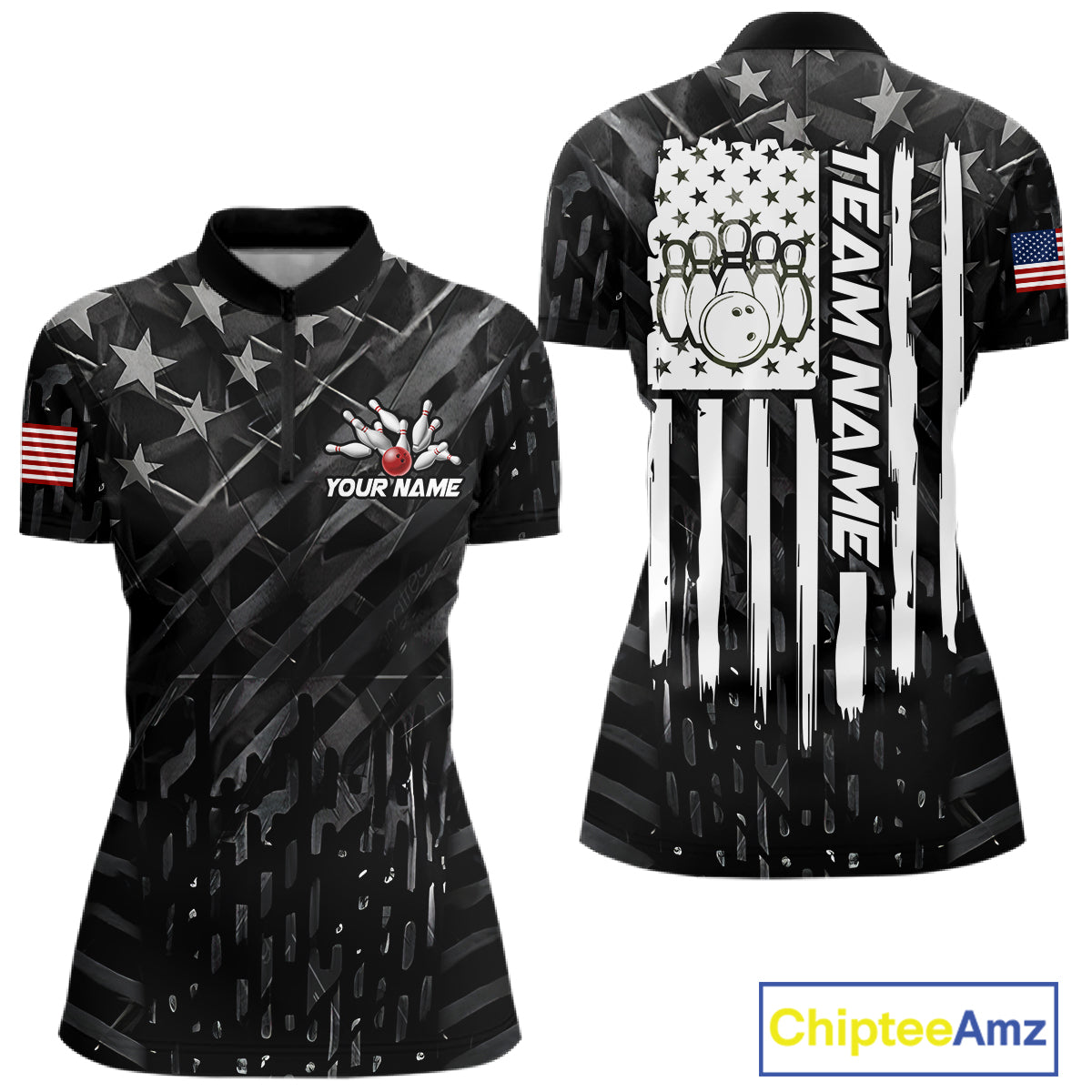 Black American flag bowling team jersey quarter zip shirt for women featuring bold patriotic American flag graphics, premium custom bowling apparel.