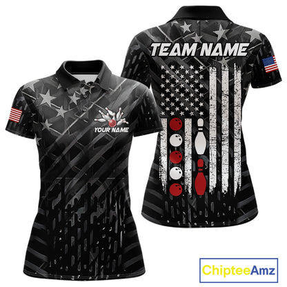 Black American flag patriotic bowling team jersey polo shirt for women featuring a distressed American flag design, premium custom bowling league apparel for tournaments and team play.