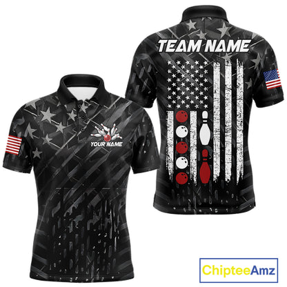 Black American flag patriotic bowling team jersey polo shirt for men featuring a distressed American flag design, premium custom patriotic bowling apparel.