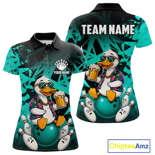 Personalized turquoise funny duck beer bowling team jersey polo shirt for women featuring a funny duck drinking beer design, premium custom bowling team apparel and gift for bowlers.