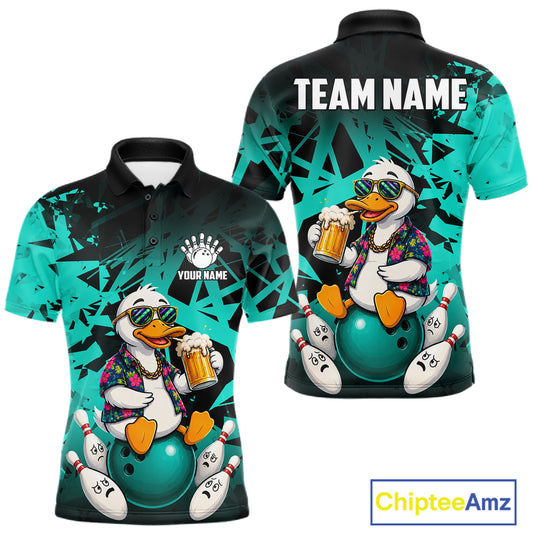 Personalized turquoise funny duck beer bowling team jersey polo shirt for men featuring a funny duck drinking beer design, premium custom bowling team apparel and gift for bowlers.