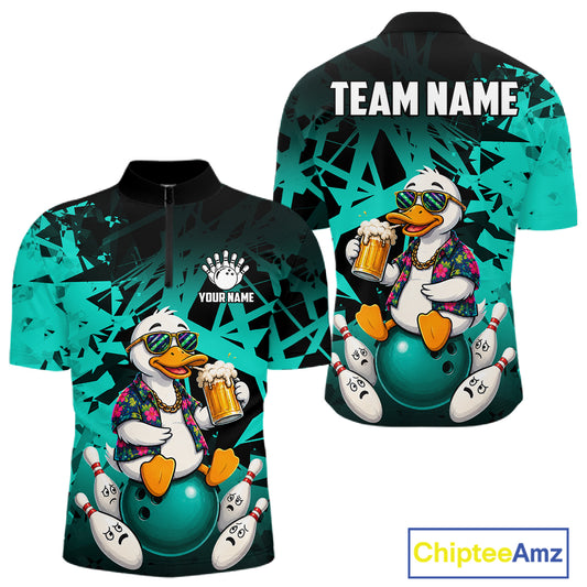 Personalized turquoise funny duck beer bowling team jersey quarter zip shirt for men featuring funny duck beer artwork, premium custom bowling apparel.