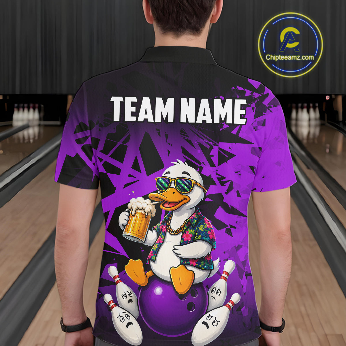 Man wearing personalized purple funny duck beer bowling team jersey polo shirt featuring funny duck beer artwork, back view.