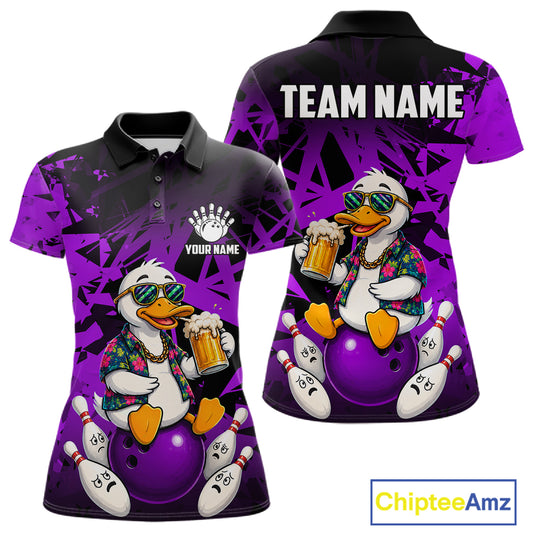 Personalized purple funny duck beer bowling team jersey polo shirt for women featuring a funny duck drinking beer design, premium custom bowling team apparel and gift for bowlers.