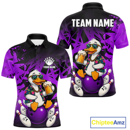 Personalized purple funny duck beer bowling team jersey polo shirt for men featuring a funny duck drinking beer design, premium custom bowling team apparel and gift for bowlers.