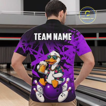 Man wearing personalized purple funny duck beer bowling team jersey quarter zip shirt featuring funny duck beer artwork, back view.