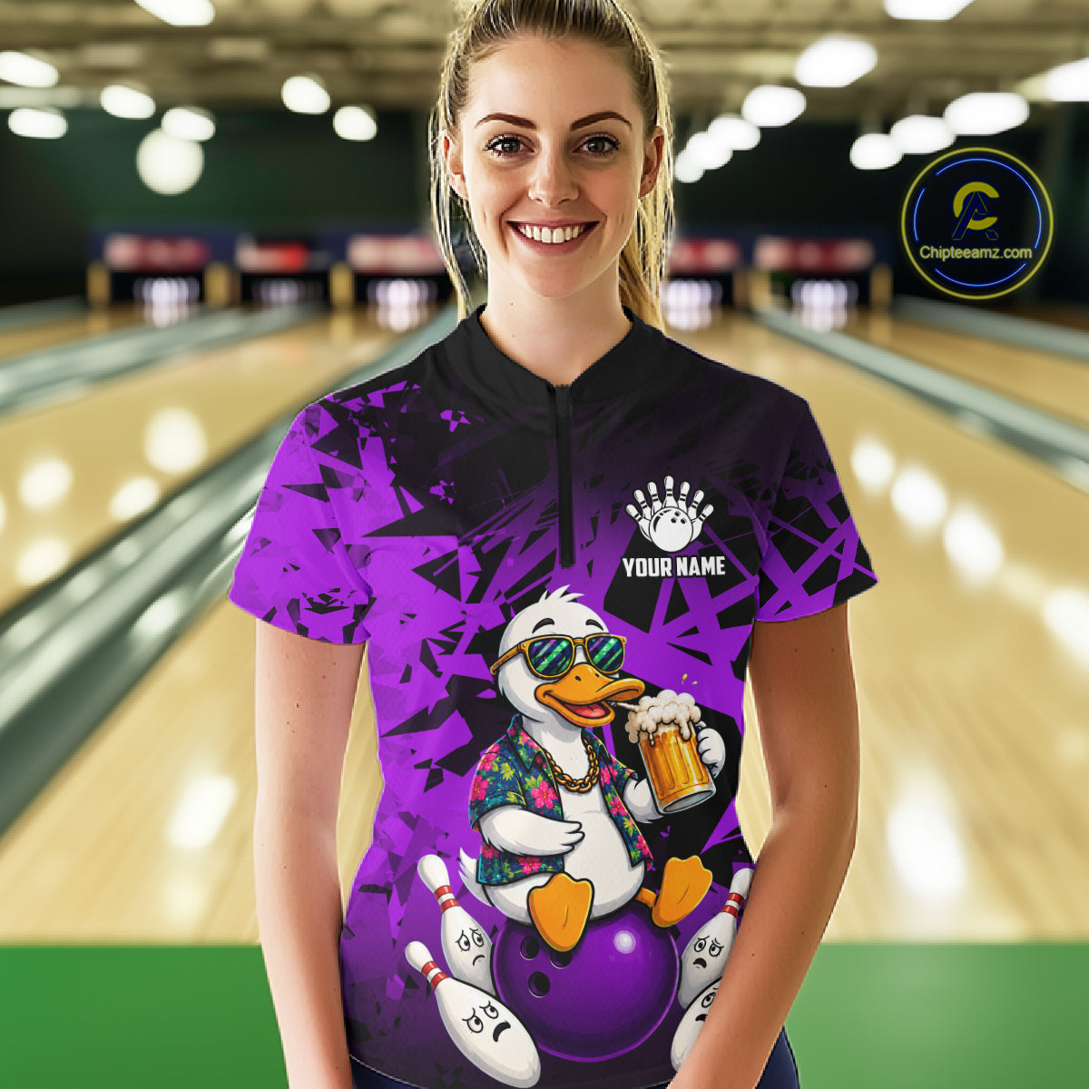 Woman wearing personalized purple funny duck beer bowling team jersey quarter zip shirt featuring funny duck beer artwork, front view.