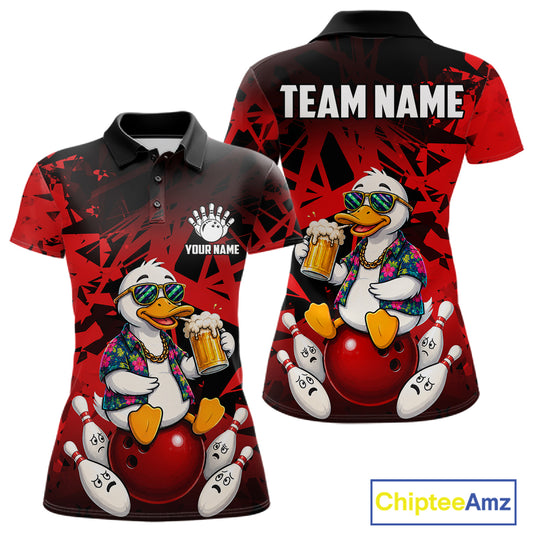 Personalized red funny duck beer bowling team jersey polo shirt for women featuring a funny duck drinking beer design, premium custom bowling team apparel and gift for bowlers.