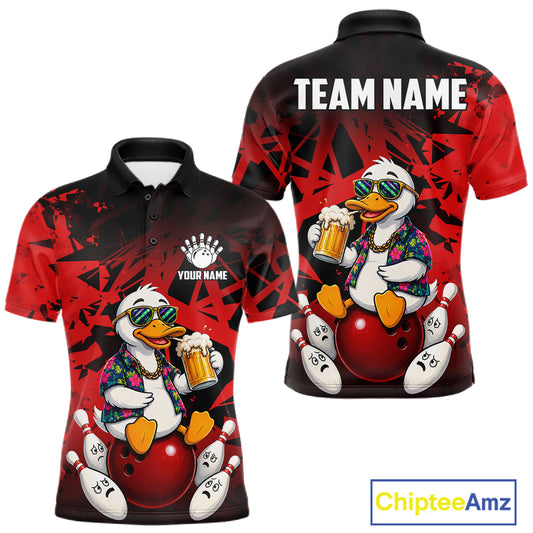 Personalized red funny duck beer bowling team jersey polo shirt for men featuring a funny duck drinking beer design, premium custom bowling team apparel and gift for bowlers.