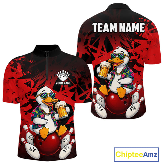Personalized red funny duck beer bowling team jersey quarter zip shirt for men featuring funny duck beer artwork, premium custom bowling apparel.