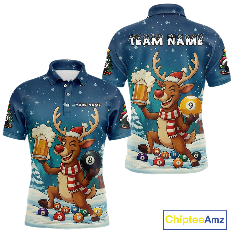 Funny Christmas Reindeer Beer Billiard Shirt For Men Custom 8 & 9 Ball Xmas Pool Team Jersey TDM5061