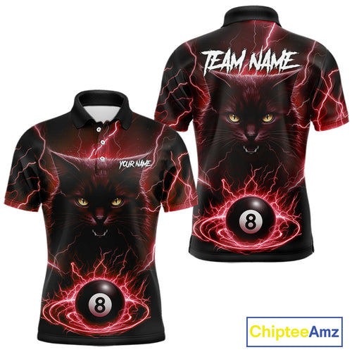 Red 8 Ball Thunder Lightning Cat Billiard Shirt For Men Custom Pool Team Jersey Polo & 1/4 Zip TDM5067