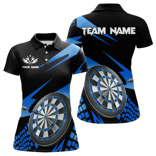 Blue Black Custom Dart Shirts For Women, Personalized 3D Darts Board Dart Jerseys Polo & 1/4 Zip TDM3286