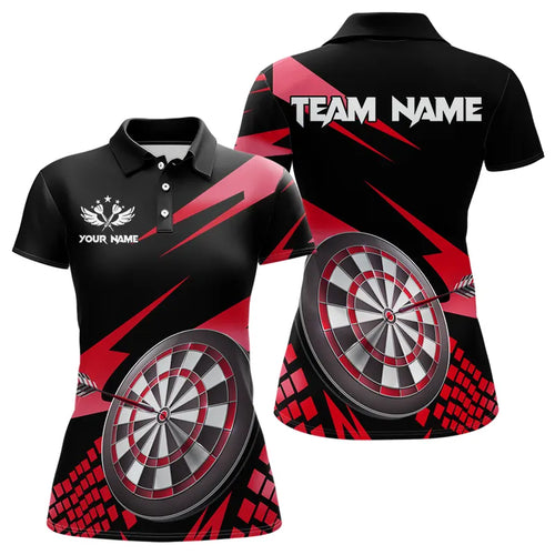 Red Black Custom Dart Shirts For Women, Personalized 3D Darts Board Dart Jerseys Polo & 1/4 Zip TDM3287