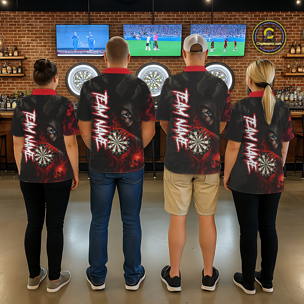 Red Grim Reaper Flame Darts Shirt For Men Custom Skull Darts Jersey Team Polo & Quarter Zip TDM5529