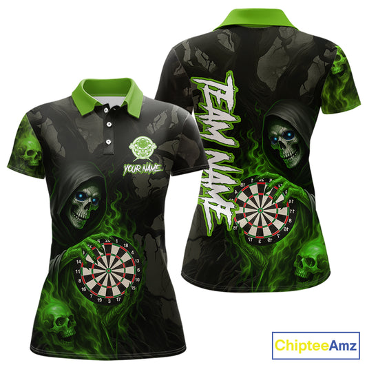 Green Grim Reaper Flame Darts Shirt For Women Custom Skull Darts Jersey Team Polo & Quarter Zip TDM5531